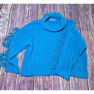 VTG Absolutely Famous Turquoise Cable Knit Cowl Neck Fringe Sweater 2X Plus Size
